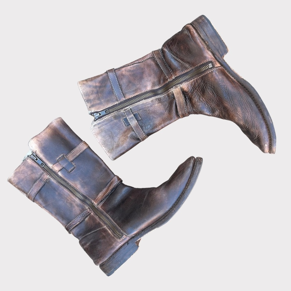 Bed Stu Brown Leather Combat Moto Boots with Side Zippers